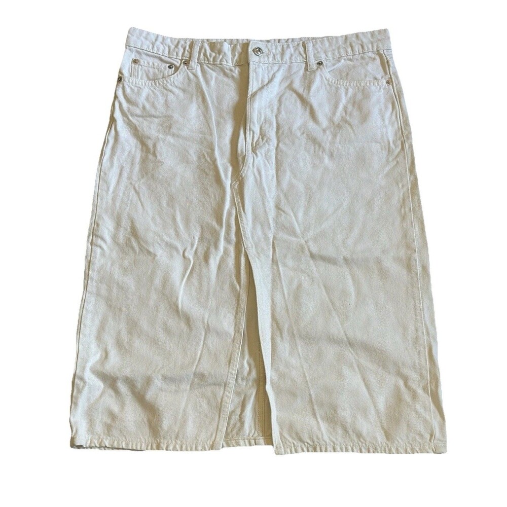 Mango MNG Midi White Denim Skirt Women's XL Front Slit Pockets Zip Close Cotton
